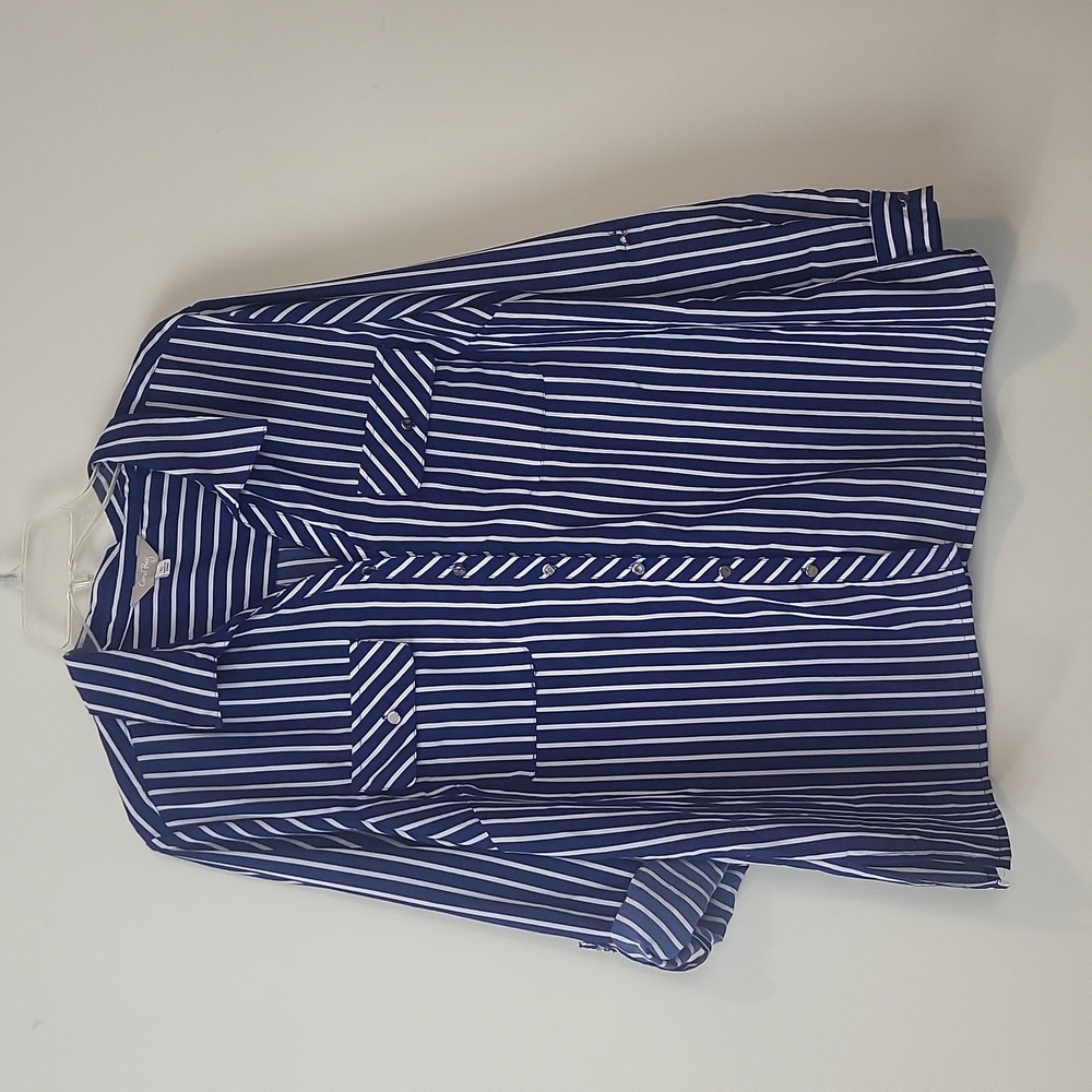CORAL BAY Blue White Stripe Roll-Tab Pocket Blouse - Picture 1 of 12